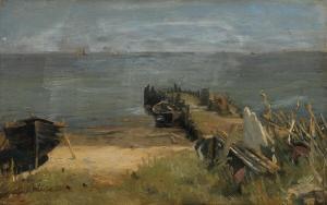 CLAUSEN Christian Valdemar 1862-1911,A pier by the beach, next to it a drawn up boa,Bruun Rasmussen 2023-02-13