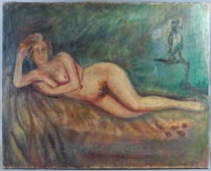 CLAUSSEN Sophus 1865-1931,"Femme nue allongée, et son perroquet".,Audap-Mirabaud FR 2014-11-18