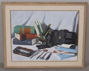 CLAYTON BANKS 1900,STILL LIFE WITH MICROSCOPE AND BOOKS,Apple Tree Auction Center US 2015-09-11
