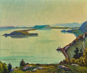 CLENIN Otto 1899-1986,Blick auf den Bielersee mit St. Petersinsel,Dobiaschofsky CH 2023-11-08