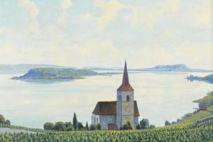 CLENIN Otto 1899-1986,Die Kirche von Ligerz mit der St. Petersinsel,Dobiaschofsky CH 2012-05-12