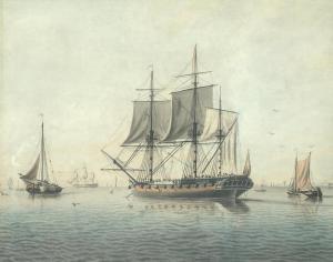 CLEVELEY Robert 1747-1809,Shipping in a calm with an anchored frigate inshor,Bonhams GB 2019-05-01