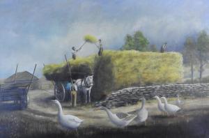 CLIFTON Robin,Harvest scene with farm labourers unloading hay an,Halls GB 2017-10-18