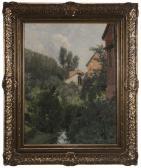 CLUSMANN William 1859-1927,Brook Running by Houses,Brunk Auctions US 2015-11-06
