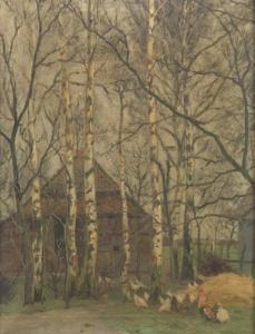 CLUSMANN William 1859-1927,Farm scene with birch trees and chickens,Aspire Auction US 2020-12-12