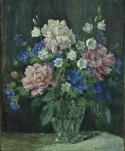 COBBETT HILARY 1885-1947,Colourful blue pink & white flowers in a cutglass,Fonsie Mealy Auctioneers 2020-09-28