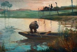 CODDRON Oscar 1881-1960,Pêcheur sur sa barque au coucher du soleil,Horta BE 2019-11-11
