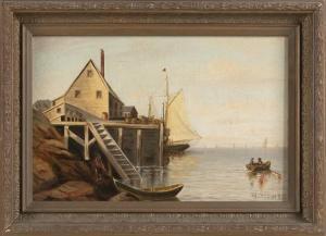 COFFIN William Henry 1812-1898,Harbor scene with pier,1885,Eldred's US 2021-11-19