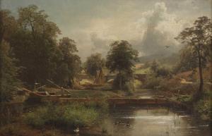 COLE George Vicat 1833-1893,Ducks on a river in summer, with a sluice gate and,Sworders 2023-09-26