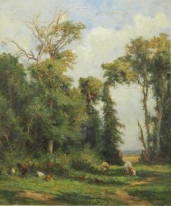 COLIN Paul Alfred 1838-1916,Vaches, poules et coq devant les grands arbres,Sadde FR 2019-04-25