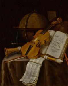 COLLIER Evert 1640-1707,Vanitas still life with a violin, recorders, music,Sotheby's GB 2022-10-21