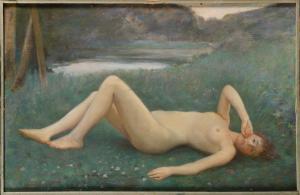 COLLIN Raphaël Louis Joseph 1850-1916,Femme nue allongée en bord de rivière,1886,Osenat 2023-11-19