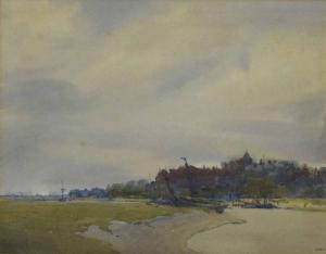 COLLISTER Alfred James 1895-1939,estuary scene with boats, a village beyond possi,Gardiner Houlgate 2019-11-28