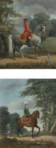 COLMART J B,MAN IN RED ON A DAPPLE HORSE AND WOMAN IN GREEN ON A BAY HORSE,Sotheby's GB 2014-01-31