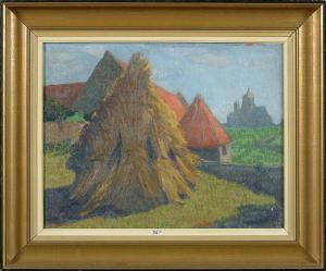 COMBAZ Gisbert 1869-1941,Meule de foin sur fond de paysage à l\’église,1922,VanDerKindere 2021-04-20