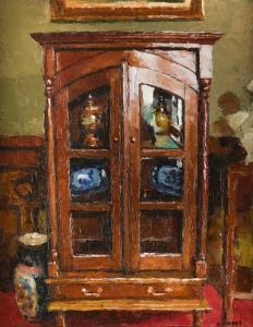 Combes Richard 1963,Interior with glazed cabinet,Cheffins GB 2023-02-09