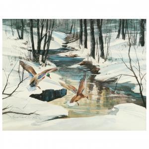 CONNOLLY Howard 1903-1990,Printed Scene of Mallards Landing in Winter Wood,Leland Little 2023-03-31