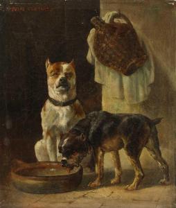 CONTANT Jules 1822-1885,French bulldogs in an interior, one drinking from ,Sworders GB 2021-06-02