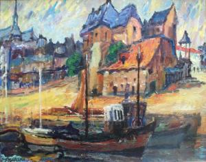 CONTINENTAL SCHOOL,MOORED BOATS BY A TOWN,Lawrences GB 2018-07-06