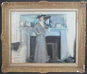 CONTINENTAL SCHOOL,portrait of a lady in full length grey coat agains,1919,Peter Francis 2017-05-31