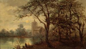 CONTINENTAL SCHOOL,View of a church through trees and over a rive,19th century,Duke & Son 2019-07-18