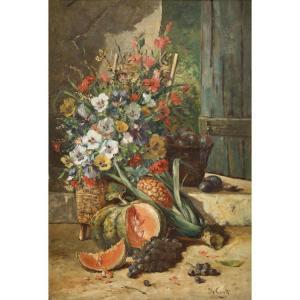 CONTY Antoine 1818,OUTDOOR STILL LIFE OF MIXED FLOWERS, PINEAPPLE, ME,Freeman US 2016-01-25