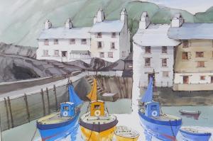 COOK Frederick T.W,a Cornish fishing harbour with moored boats,Crow's Auction Gallery 2022-08-03