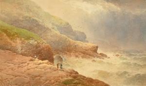 COOK OF PLYMOUTH William 1830-1890,Fisherman on a rocky coastline with a rough sea a,John Nicholson 2022-11-20