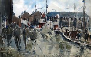 COOKE Stanley 1913,Busy harbour scene with workers,Rogers Jones & Co GB 2016-09-10