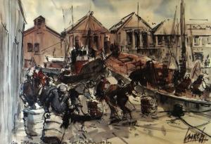 COOKE Stanley 1913,Busy harbour scene with workers and boats,Rogers Jones & Co GB 2016-09-10