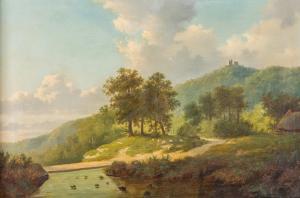 COOMANS Auguste 1855-1896,Hügelige Flusslandschaft mit Burgruine und Schafhe,Leo Spik DE 2021-12-09