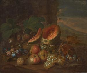 COOPER Joseph Teal,A still life of melon, pears, plums and grapes on ,Rosebery's 2023-07-19