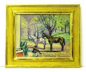 COOPER Margaret M 1874-1965,seated gentleman with two saddled horses,Winter Associates US 2012-05-21