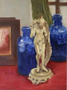 COPPERWHITE Patrick 1935,BLUE BOTTLES AND STATUE,De Veres Art Auctions IE 2022-10-11