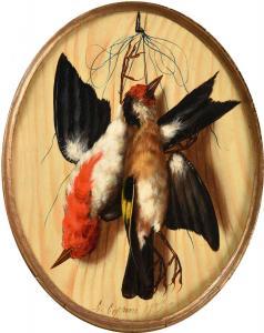 COPPINI Carlo 1800-1800,Still life of songbirds hung against a wooden pane,1875,Tennant's 2021-11-13