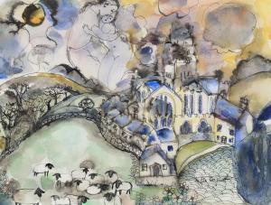 CORBETT Lydia 1934,Lovers in the sky, over the church and sheep,Dreweatts GB 2021-08-19