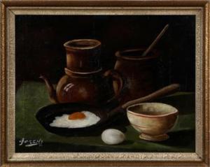 CORENS J,Stilleven met aardewerk en gebakken ei in pan,1946,Twents Veilinghuis NL 2017-01-13