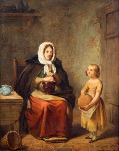 CORNET Jacobus Ludovicus 1815-1882,Vrouw en kind in een keuken,1850,Venduehuis NL 2016-06-25