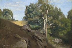 Corot Jean Baptiste Camille,Fontainebleau - groupe d'arbres sur le flanc d'un ,Christie's 2018-10-31