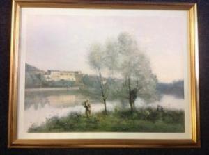 Corot Jean Baptiste Camille,River landscape print with figures by waterside,Jim Railton 2015-08-22