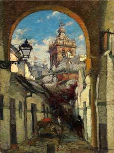 CORRALES EGEA Manuel,Street scene with an archway and cathedral beyond,Rosebery's 2014-12-09