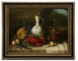 CORREGGIO Josef 1810-1891,Stilleben med hummer, frukt och vin,Uppsala Auction SE 2020-03-03