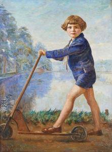 Corthals Leon 1877-1935,Portrait d\’enfant à la trottinette sur fond d\’ét,1925,Horta BE 2018-12-10