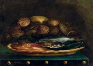 COSTE Joseph Gaspard,Nature morte, poissons et coquillages sur un entab,1845,Christie's 2007-04-16