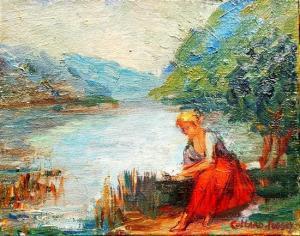 COTTARD FOSSEY Louise 1902-1983,Young girl by the lake,Matsa IL 2020-12-22