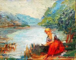 COTTARD FOSSEY Louise 1902-1983,Young girl by the lake,Matsa IL 2023-11-15
