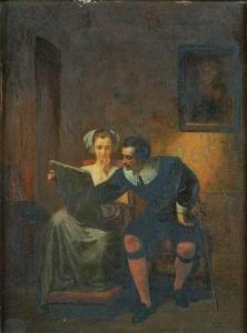 COULON Louis 1819-1855,Couple regardant un dessin dans un intérieur,Robert FR 2008-05-30