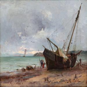 COULOT R 1800-1800,A tucked fishing boat on a beach, presumably in Br,Bruun Rasmussen DK 2013-03-11