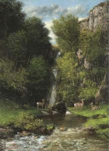 COURBET Gustave 1819-1877,A Family of Deer in a Landscape with a Waterfall,Christie's GB 2002-10-30