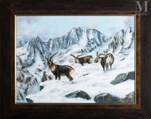 COUSY Pierre 1942,Mouflons ibériques dans la montagne enneigée,Millon & Associés FR 2023-02-17